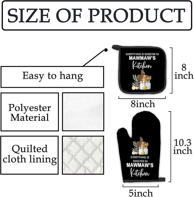 Mawmaw Gifts Oven Mitts and Pot Holders Sets, Gifts for Mawmaws Grandma Kitchen Accessories Sets, Sweeter in Mawmaw’s Kitchen Heat Resistant Oven Glove Potholders for Cooking Baking