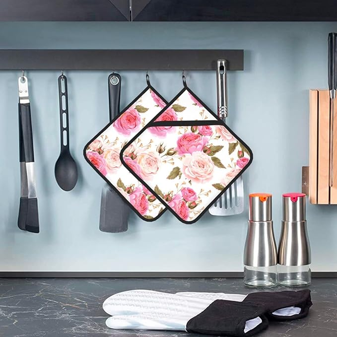Elegant Hanging Oven Pads and Pot Holders Set, Pink Roses Kitchen Heat Resistant and Non-Slip Potholder with Loop for Cooking BBQ Kitchen Set of 2