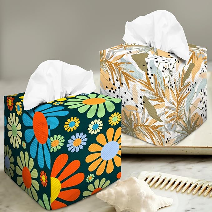 Tissue Box Cover Square Decorative Tissue Box Holder Cute Funny Cube Tissue Case Cover-Hippie Flower Tissue Box Cover