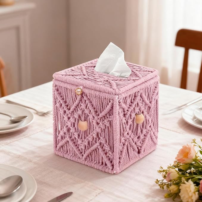 KaloKalo Handmade Tissue Box Cover Decorative Macrame Boho Square Tissue Holder Cotton Rope Woven Napkin Facial Paper Organizer Bohemian Desk Storage Container with Buckle Wood Beads (Pink)