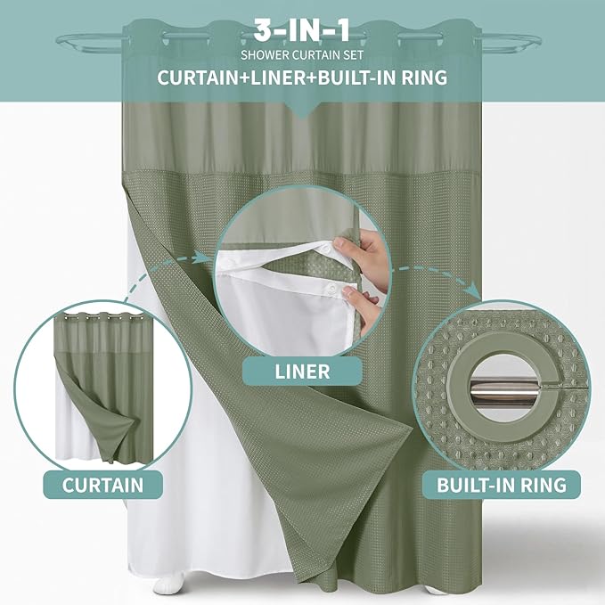 eachope SageGreen Extra Long No Hook Waffle Weave Shower Curtain with snap-in Liner Replacement, 230GSM Waterproof Fabric Hotel Shower Curtain Set for Bathroom, Through Mesh Top Window,71Wx86H