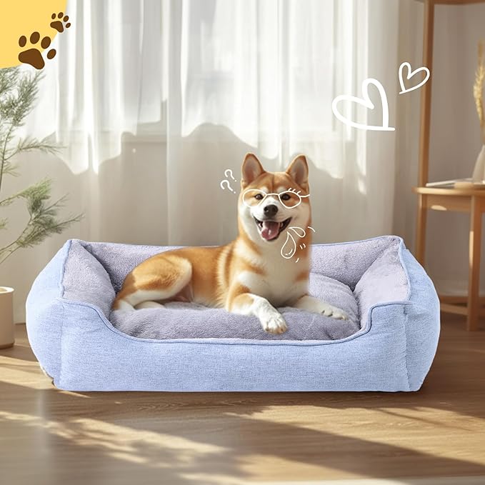 OUPEIWAWA Rectangle Dog Bed for Large Medium Small Dogs Washable Pet Bed with Bolster Sides Non-Slip Bottom Pet Sofa Waterproof Lining Durable Pet Cuddler, Sky Blue, 33x 26x 7.5