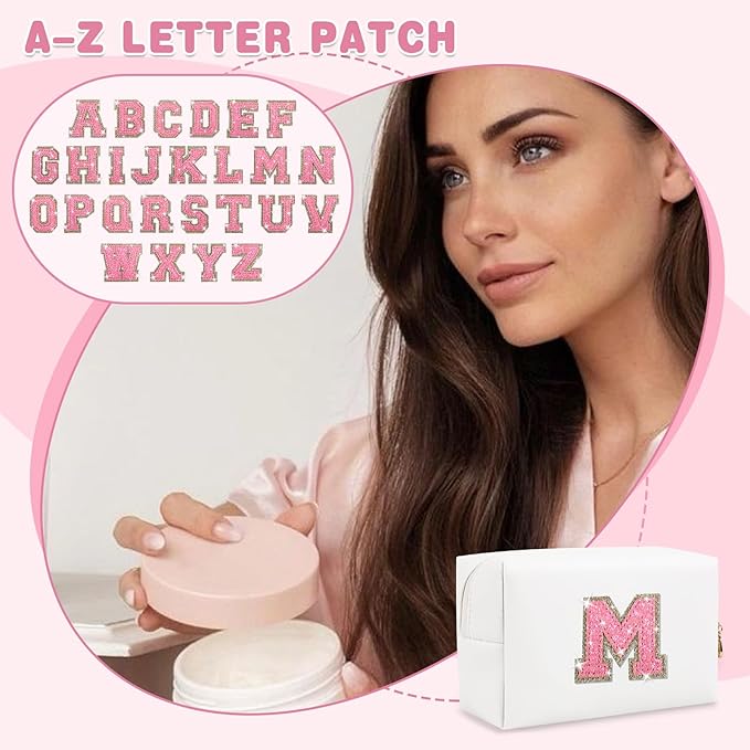Small Initial Patch Makeup Bag Personalized Gifts Make Up Bag,White Cute PU Leather Glitter Letter Cosmetic Bag with Zipper,Trendy Portable Travel Toiletry Pouch,Preppy Stuff for Teen Girls Women M