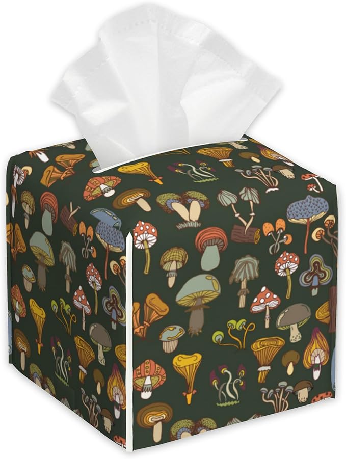 Colorful Mushrooms Tissue Box Cover,PU Leather Tissue Box Holder Square,Modern Home Decoration for Bathroom Living Room Kitchen Office Car,5.2"×5.2"×5.2"