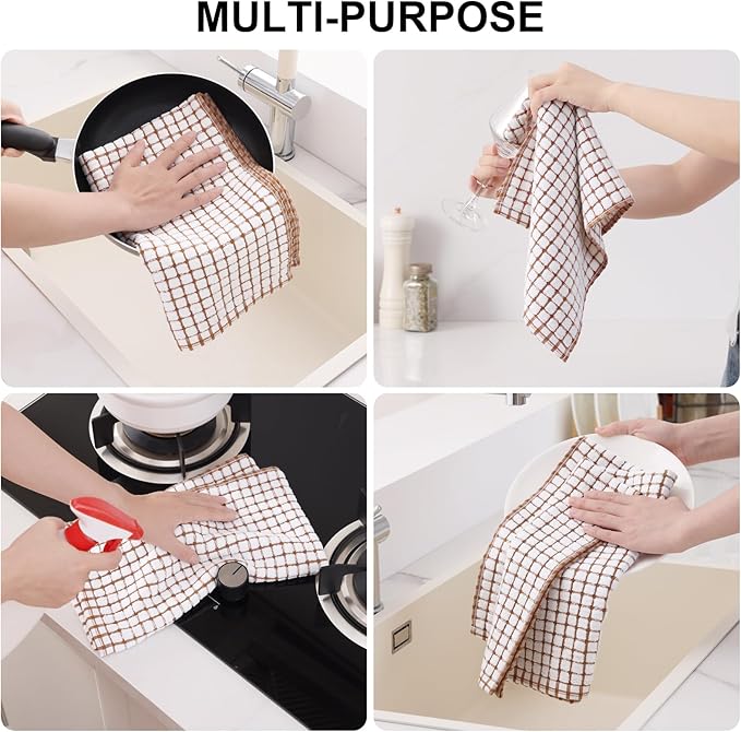 Kitinjoy Cotton 8 Pack Terry Kitchen Towels, 16 x 25 Inches Super Soft and Absorbent Dish Towels, Quick Drying Hand Towels for Kitchen Drying, Brown