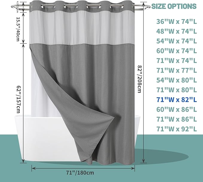 eachope Grey No Hook Waffle Weave Shower Curtain with snap-in Liner Replacement, 230GSM Waterproof Fabric Hotel Shower Curtain Set for Bathroom, Through Mesh Top Window,71Wx82H