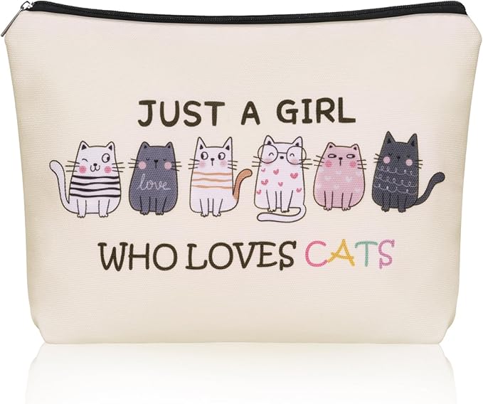 Girlly Cat Makeup Bag For Cat Lover Valentines Day Gifts: Cosmetic Bag & Toiletry Pouch Just A Girl Who Love Cats Themd For Mom, Daughters, Friends,Teen Girl & Women.Ideal Gifts For Travel, Birthdays.