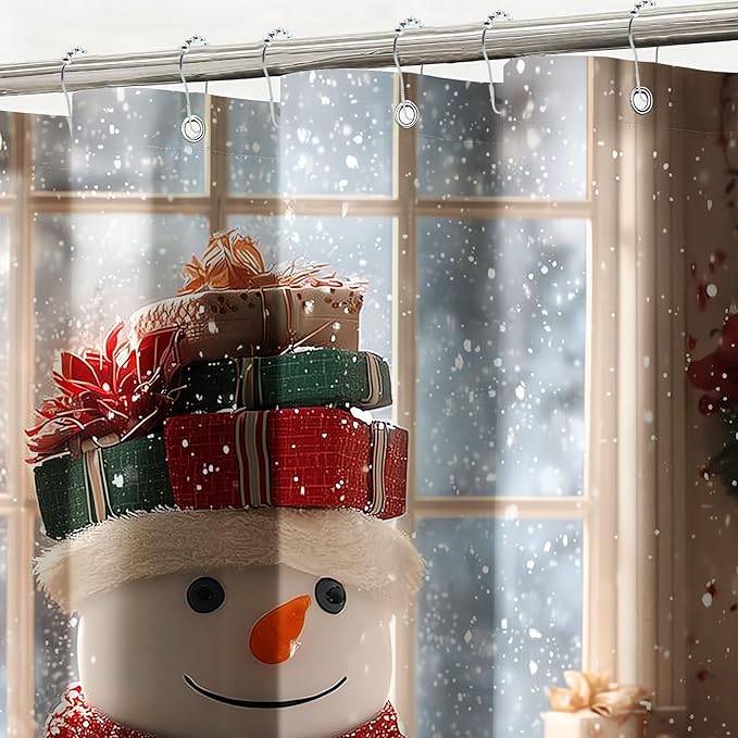 mutakin Winter Christmas Shower Curtain Cute Snowman Snowflake Shower Curtains for Bathroom Waterproof Fabric Bath Curtain Decor with Hooks