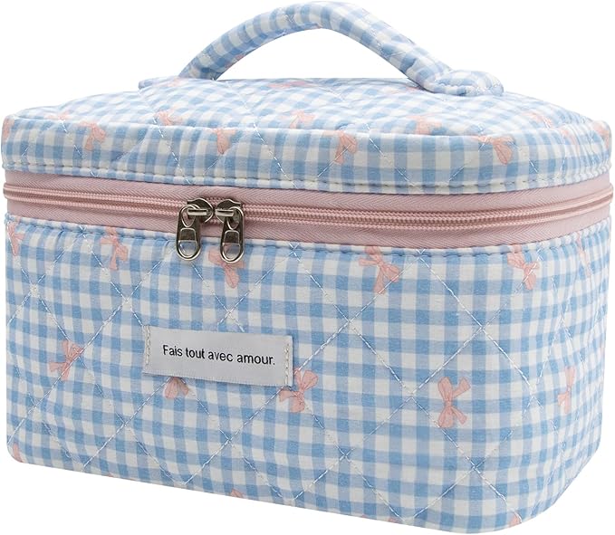 1pc Large Makeup Bag, Cute Cosmetic Bag for Women Girls, Floral Coquette Aesthetic Toiletry Bag, Travel Make Up Organizer Bag (Blue Plaid Bow）