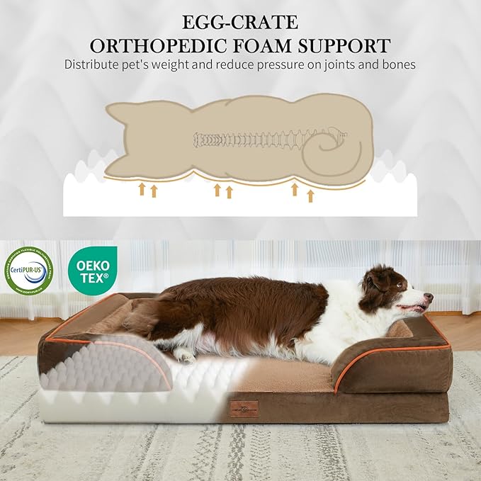 Comfort Expression Orthopedic Dog Bed for Extra Large Dogs 48x30 Inch, Waterproof Egg Crate Foam XXL Pet Bed with Removable Bolsters, Dog Couch with Washable Cover & Non-Slip Bottom, Brown