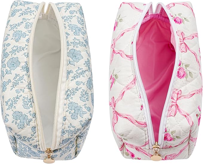 Gleyemor 2 Pieces Quilted Makeup Bag, Cute Floral Cosmetic Bag for Women, Cotton Make Up Bag Set, Flower Travel Toiletry Bag Tote Bag Organizer (Blue Floral+ Pink Rose)