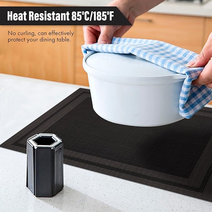 Winknowl Placemats Set of 6，Heat Resistant Woven Vinyl Washable PVC Place Mats，Non-Slip Stain Resistant Indoor/Outdoor Table Mats for Dining Table (Black Brown)