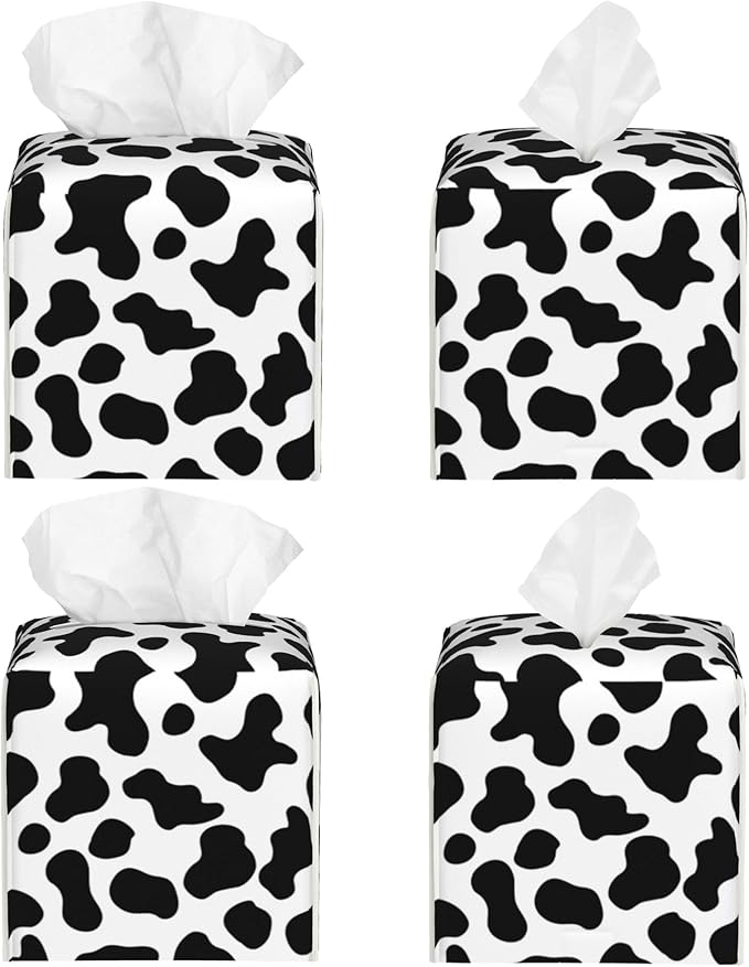 POIUBLE Cow Print Tissue Box Cover Leather Tissue Box Holder Square Facial Paper Organizer Dispenser for Bathroom Kitchen Bedroom Vanity Countertop Night Stands