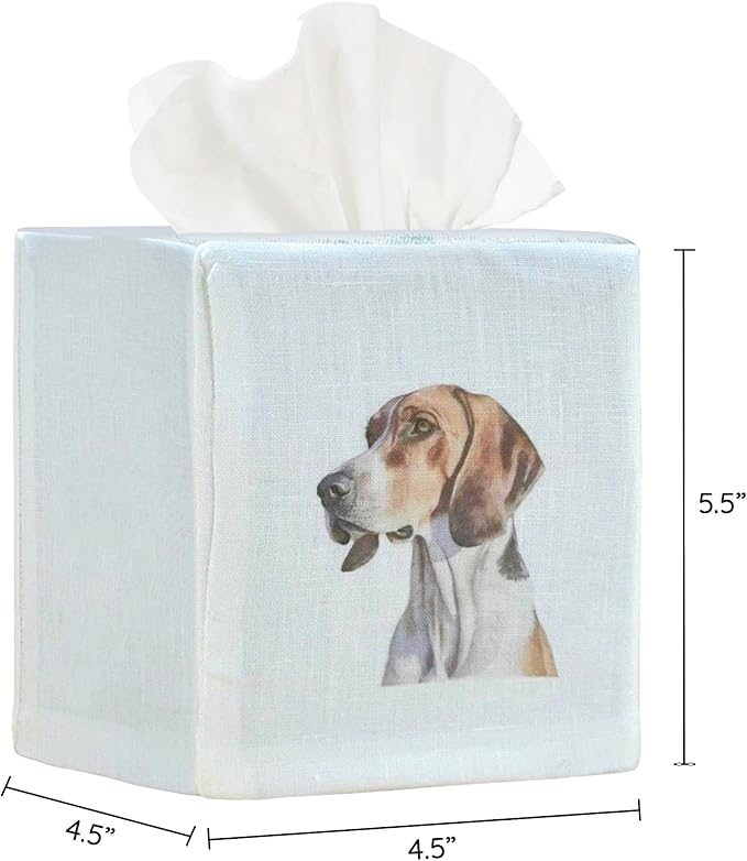 EmbroideryLinen.VN Tissue Box Cover Set of 2, Square Linen Tissue Holder, Printed Animal Pattern, 4.5x4.5x5.5 Inches, Decorative Holder for Bathroom, Living Room, Office (Dog - Ivory)