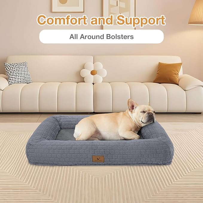 Plush Orthopedic Dog Bed for Medium Large Dogs, Memory Foam Bolster Sofa Bed with Removable Washable Cover, Waterproof Lining & Non-Slip Bottom (Grey-S)