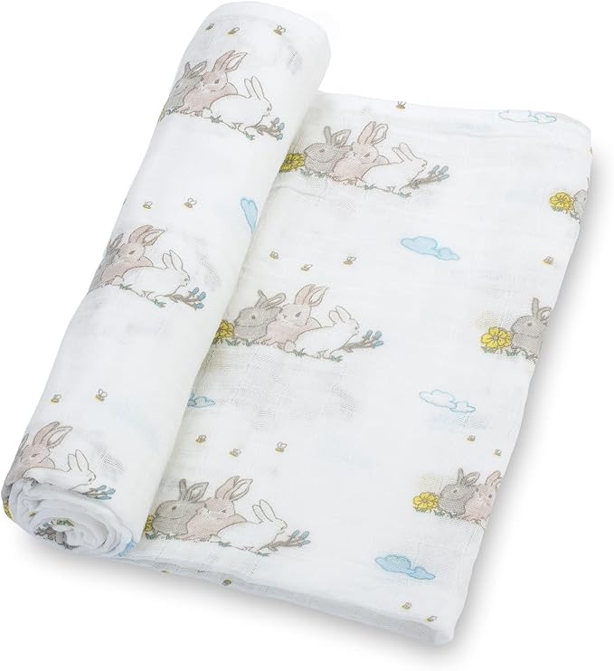 LollyBanks 100% Cotton Soft Muslin Swaddle Blankets, Rabbit Theme, 47 x 47 Inches, Unisex, Somebunny Loves You