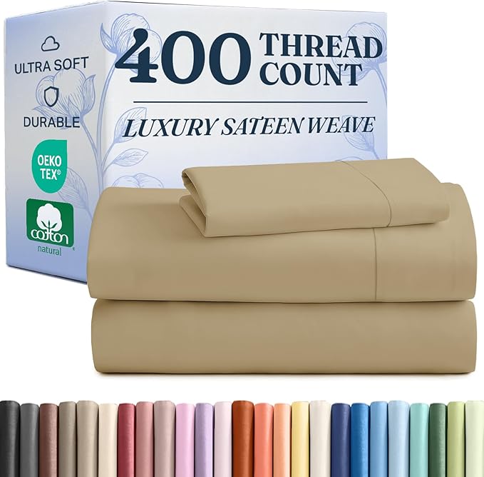 400 Thread Count Cotton Sheet Set - Twin XL Size 100% Cotton Sheets - Easily Fits 8" to 16" Mattress - Silky-Soft, Wrinkle Free, Breathable & Comfy - Deep Pockets & Hotel Quality Bedding Set - Beige