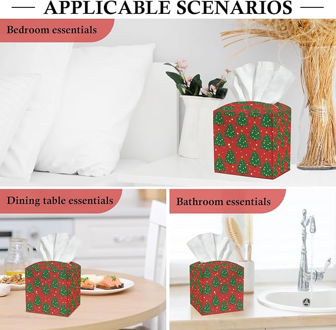 Christmas Trees Tissue Box Cover, Leather Tissue Holders Decorative for Home Office Kitchen Bathroom Organizer, Square Facial Paper Organizer Christmas Table Decor -034