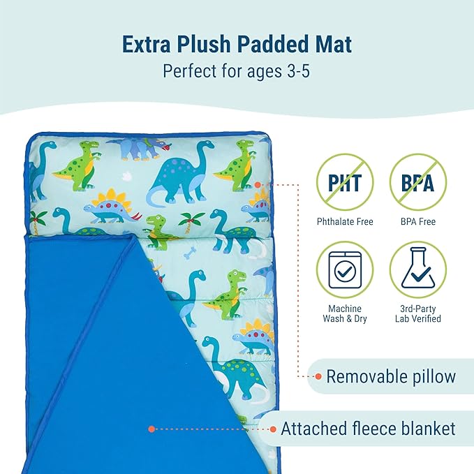 Wildkin 43-inch Kids Nap Mat – Soft Microfiber Toddler Sleeping Mat with Pillow