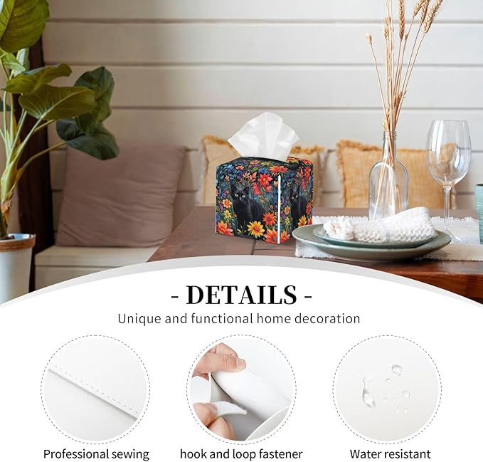 Colorful Florals Black Cat Tissue Box Cover Flower Daisy Square Leather Tissue Holder Decorative Facial Tissue Cube Paper Cover Case Organizer for Bathroom Night Stands Desk Tabletop Living Room Home