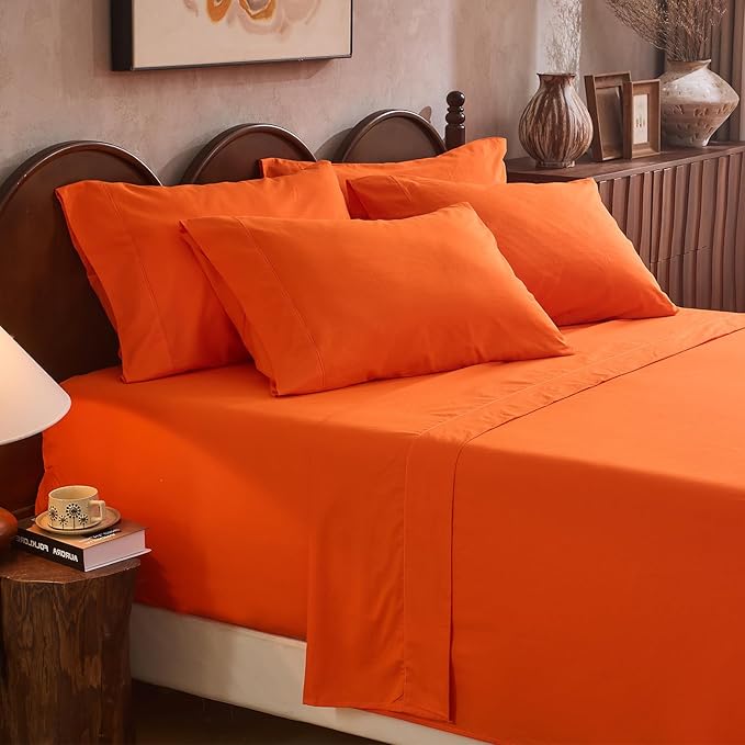 100% Linen Sheet Set Queen Size Extra Deep Pocket Fits 18-24 Inch Mattress, Breathable & Soft, Smooth 6-Piece Set for Thick Mattresses Hotel Luxury Bedding（Queen, Orange）