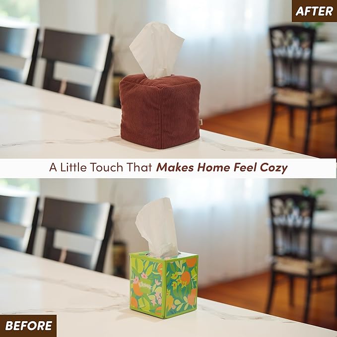 TOGI Corduroy Tissue Box Cover - Soft & Puffy Cube Design Adds a Warm, Cozy Touch - Soft Tissue Box Cover Square Fits Standard Square Boxes from Everyday Brands - Cozy Home & Office Decor - (Brown)