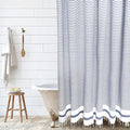 HALL & PERRY Modern Farmhouse Tassel Shower Curtain 100% Cotton Striped Fabric Shower Curtain with Tassels for Bathroom Décor (Chambray 2, 72"x72")