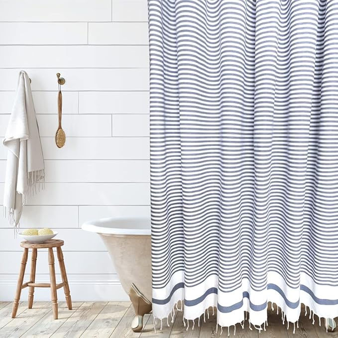 HALL & PERRY Modern Farmhouse Tassel Shower Curtain 100% Cotton Striped Fabric Shower Curtain with Tassels for Bathroom Décor (Chambray 2, 72"x72")