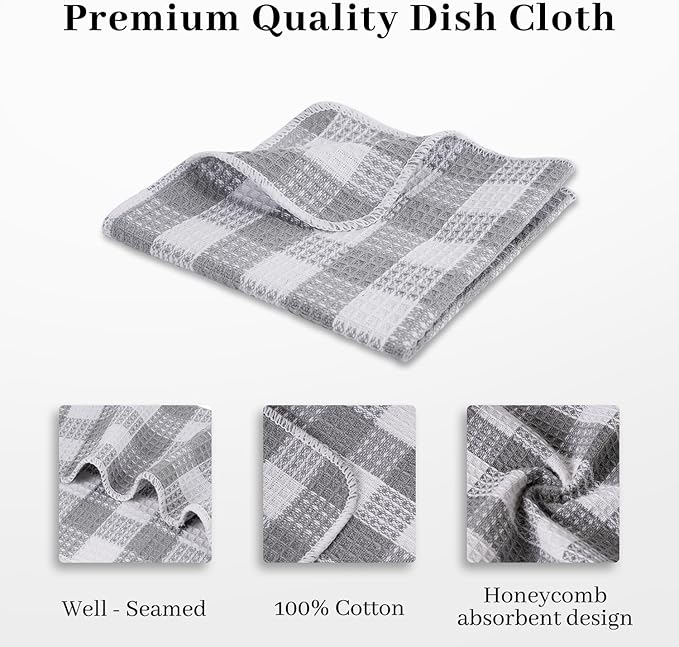 Blue Needles Waffle Weave Check Plaid Dish Cloths, 12x12 Inches 100% Cotton Set of 6 Dish Towels for Kitchen, Ultra Soft & Absorbent Kitchen Towels for Quick Drying Spring Summer - Ash Grey & White