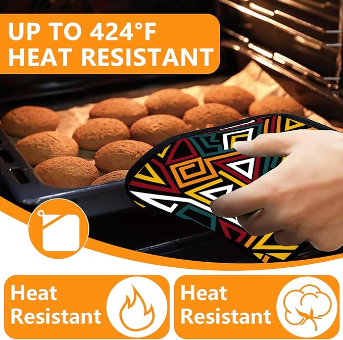 African Geometric Oven Mitts and Pot Holders Sets 4Pcs,Extra Long Oven Gloves Potholder for Kitchen Cooking Baking BBQ 100% Cotton Heat Resistant