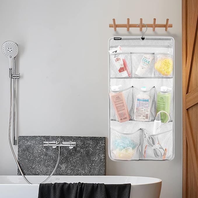 ANZORG Mesh Shower Organizer Hanging Caddy Quick Dry Bathroom Storage for Toiletry Accessories with Rotating Hanger (8 Pockets)