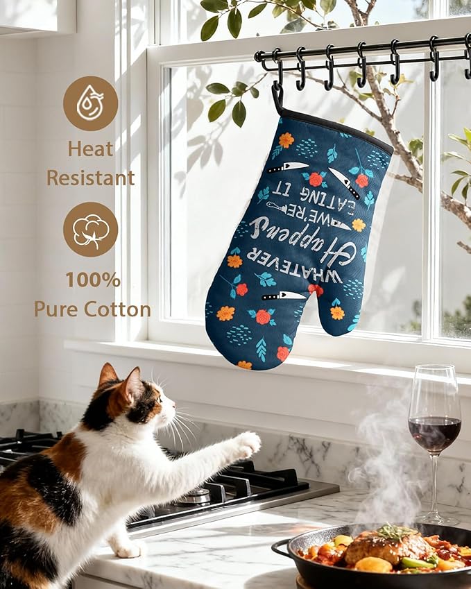 Slohif Funny Oven Mitt Heat Resistant for Women - 2 Pack Blue Cute Novelty Cool Kitchen Oven Mittens with 100% Cotton for Baking and Cooking Accessories