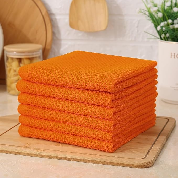 Kitinjoy 100% Cotton Kitchen Dish Cloths, 12 Pack Waffle Weave Ultra Soft Absorbent Dish Towels for Drying Dishes Quick Drying Kitchen Towels Dish Rags, 12 X 12Inch, Orange