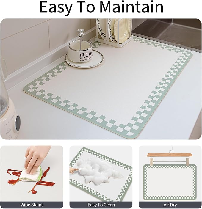 2PCS Non-slip Dish Drying Mats Black Sage Beige Checkered Coffee Bar Mat for Countertops 24''x16'',Sage White
