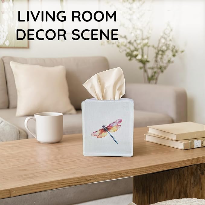 EmbroideryLinen.VN Tissue Box Cover Set of 2, Square Linen Tissue Holder, Printed Animal Pattern, 4.5x4.5x5.5 Inches, Decorative Holder for Bathroom, Living Room, Office (Dragonfly)
