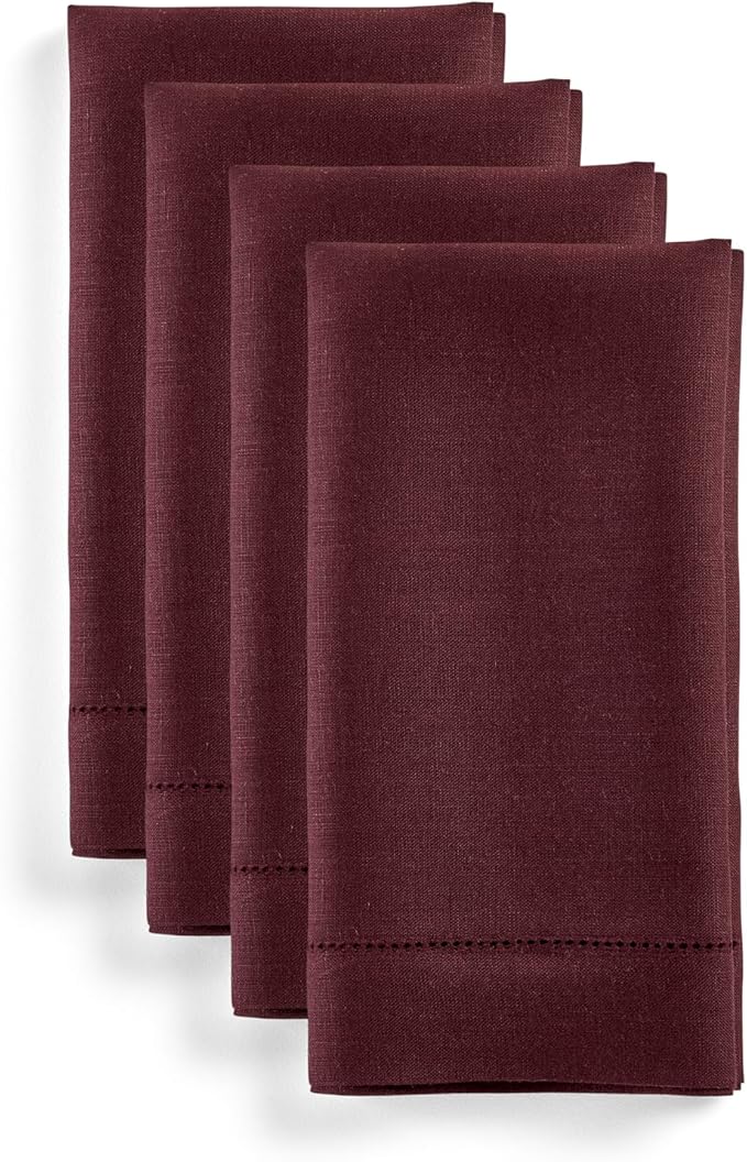 Solino Home Linen Cloth Napkins Set of 4-100% Pure Linen Burgundy Dinner Napkins 20 x 20 Inch for Valentines, Winter - Classic Hemstitch, Handcrafted and Machine Washable
