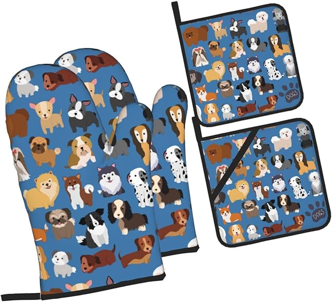Cute Dogs Blue Oven Mitts and Pot Holders 4 Pcs Set Puppy Animals Oven Gloves and Potholders for Cooking Microwave BBQ Baking Grilling