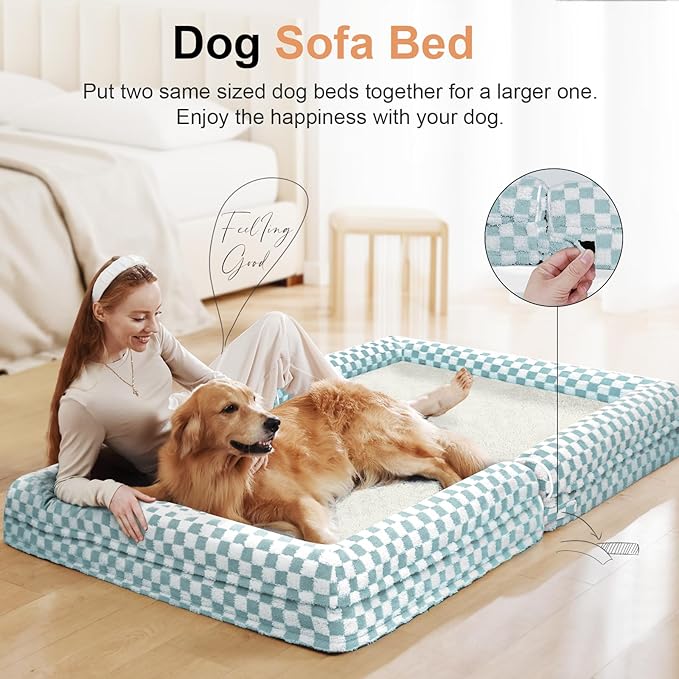 Large Dog Bed Orthopedic Washable: Beds Bolster XL Bed Medium Large Dogs Egg Crate Foam Couch Sofa Waterproof with Removable Cover - Green Grid