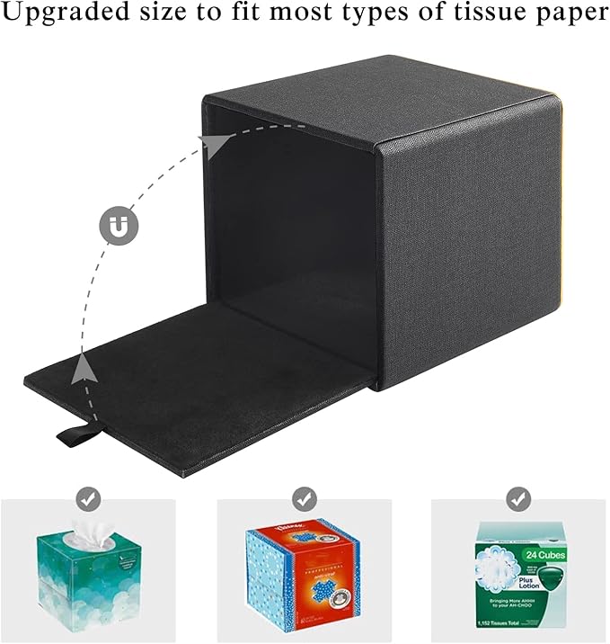 XNONE Tissue Box Cover Square Tissue Box Holder PU Leather Facial Organizer with Magnetic Bottom,Decorative Napkin Caddy for Vanity Dresser Night Stand Table Countertop Home Office Car,Black