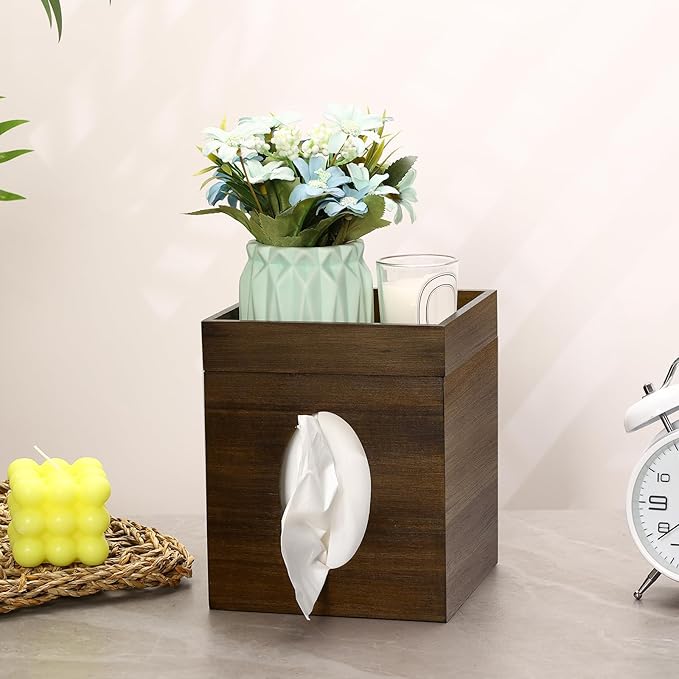 Tissue Box Cover, Brown Tissue Box Cover with Storage Tray Square Tissue Box Covers Holder for Bathroom, Bedroom, Dinner Table, Office, Tabletop 6" x 6" x 7.4"
