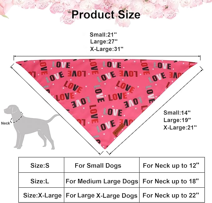 ADOGGYGO Valentine Dog Bandanas 2 Pack, Triangle Reversible Love Heart Scarf, Premium Durable Fabric, Pet Valentine Bandana for Medium Large Dogs (Large)