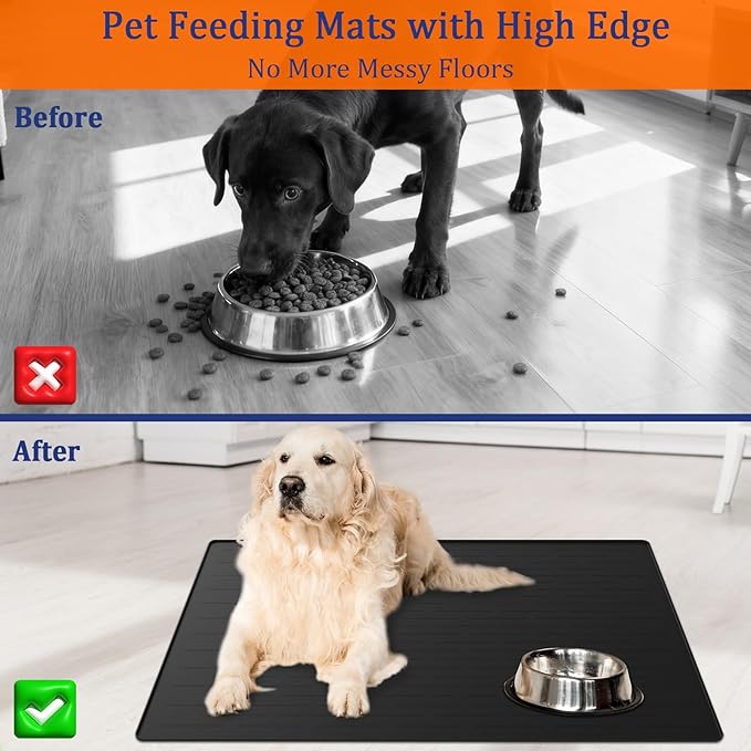 31.8"x23.8" Extra Large Pet Food Mat, Silicone Dog Mats for Food and Water, XL Nonslip Pet Feeding Mats for Floors,Dog Cat Bowl Mat with Raised Edges, Dark Gray