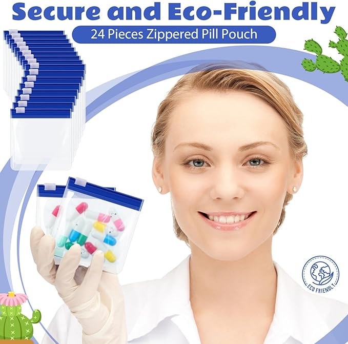 24 Pieces Pill Pouch Bags Zippered Set Reusable Translucent Medicine Organizer Sealing Travel Plastic Bags with Slide Lock for Storage(Dark Blue)