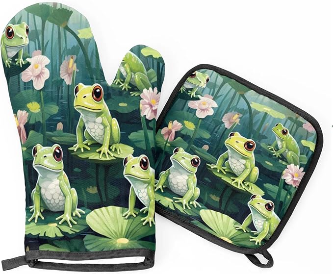Oven Mitts and Pot Holders Sets of 2,Animal Frog Pattern Heat Resistant Kitchen Oven Gloves Potholder for Baking Grilling BBQ Cooking