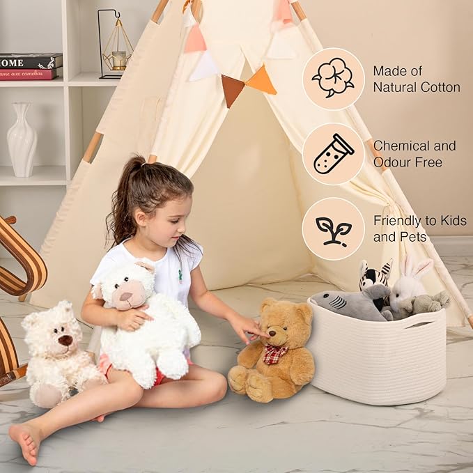 ICERZCZ Woven Cotton Rope Storage Basket for Organizing, Cute Decorative Baskets for Gifts Empty, Organizer Bins for Dog Toy, Baby Laundry, 15“×11”×9.5“, Off White
