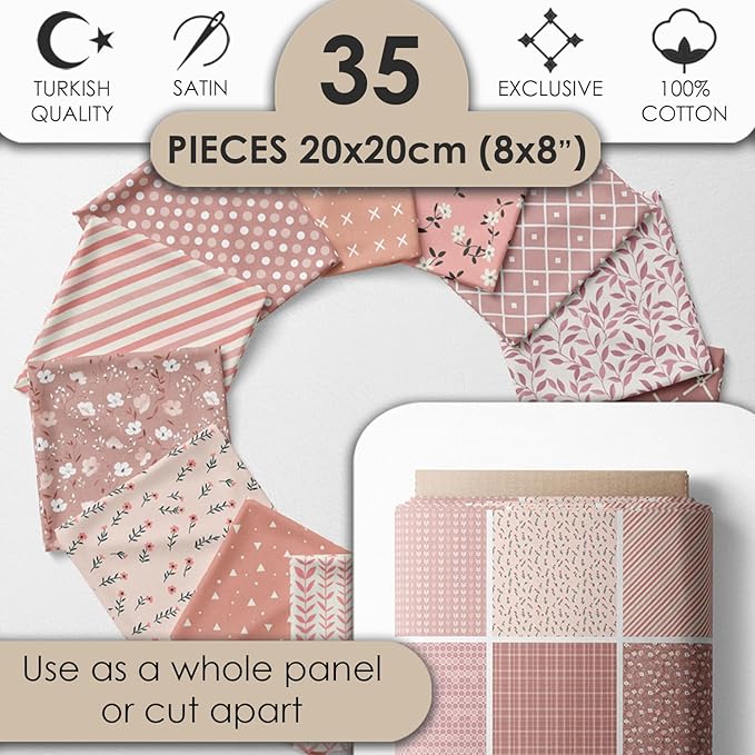 Cotton Satin Patchwork Fabric Panel – 35 Designs, 20×20 cm Squares, Single Piece 150×110 cm, Blush Pink Quilt Fabric (Peach Tones Geometric & Floral Set, 35pcs 8x8 inch)