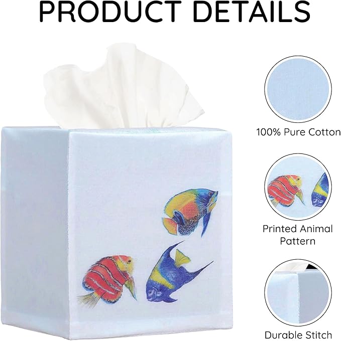 EmbroideryLinen.VN Tissue Box Cover Set of 2, Square Cotton Tissue Holder, Printed Animal Pattern, 4.5x4.5x5.5 Inches, Decorative Holder for Bathroom, Living Room, Office (Fish)