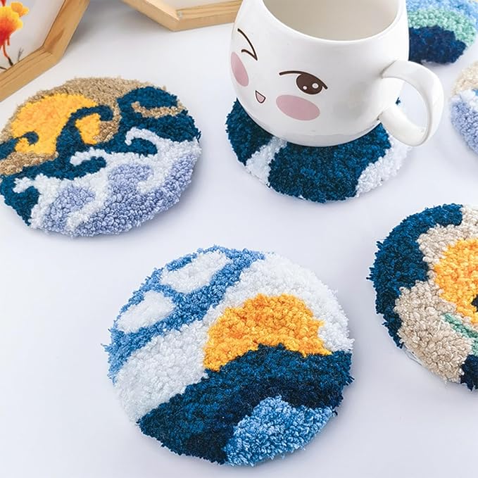Allazone Punch Needle Kits, Punch Needle Coasters Kit, Punch Embroidery Kit with Felt Yarns Hoop Tools for DIY Coaster Crafts (Mountains and Rivers)