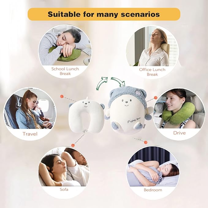 stocaggio Kids Travel Pillow - 2-in-1 Deformable Kids Neck Pillow for Traveling, Soft U-Shaped Pillow with Adorable Animal Design, Comfy Sleep and Play, Ideal for Airplanes and Cars - Blue Bear