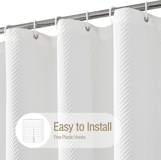 Gibelle Long Shower Curtain 72 x 78, Tall 3D Embossed Textured White Fabric Shower Curtain, Modern Farmhouse Herringbone Decorative Bathroom Curtains Shower Set with Hooks